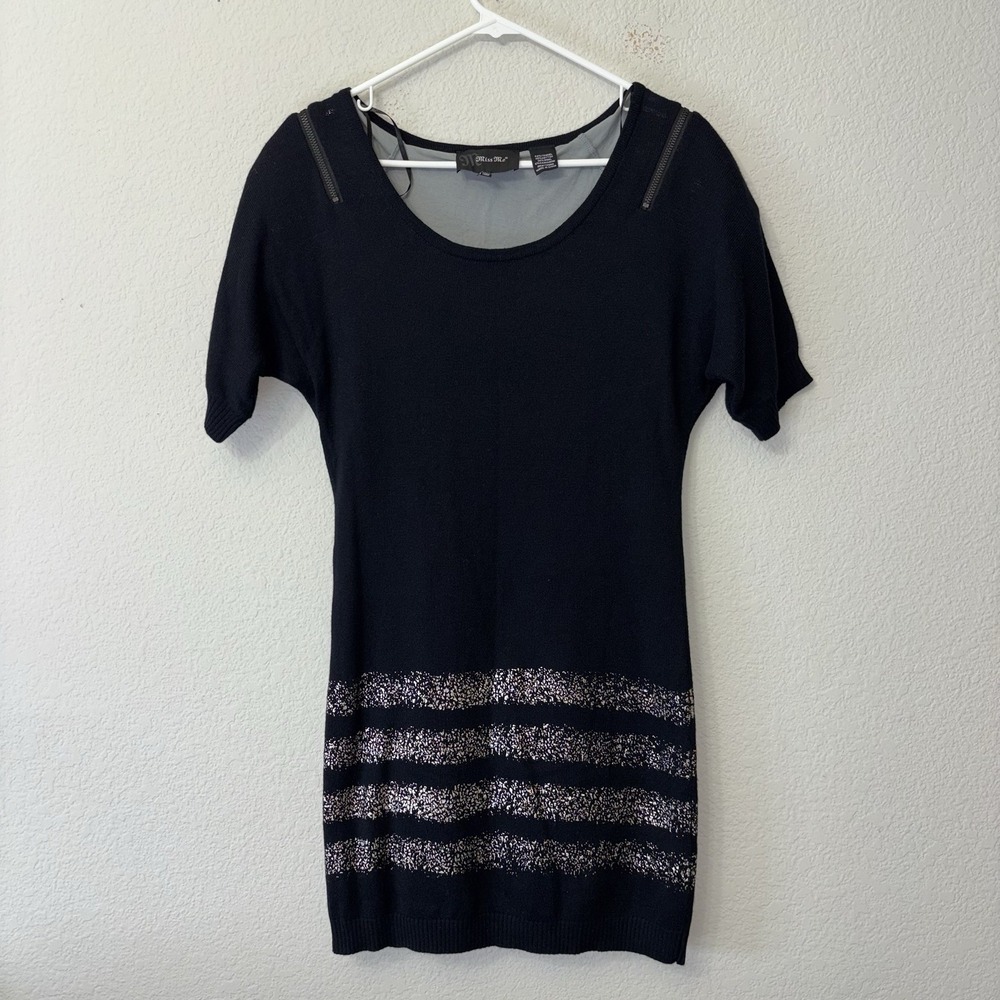 Miss Me Tencel Cashmere Wool Blend Sequin Trim Sweater Dress Tunic Knit Black M